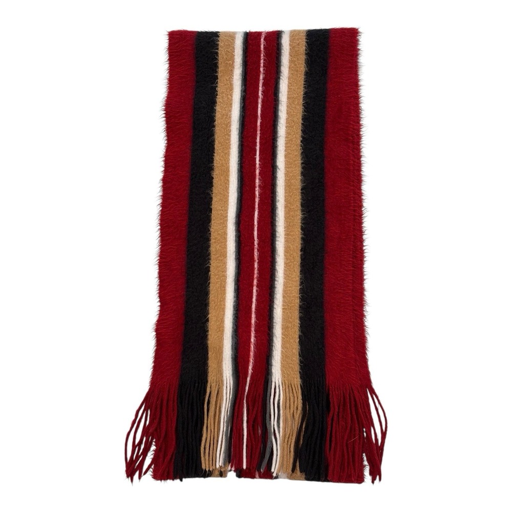 Cejon Striped Scarf Burgundy Black Tan Cream Fringed Acrylic Soft Fuzzy 70x8